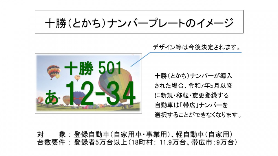 十勝（とかち）ナンバー導入後のナンバープレートイメージ